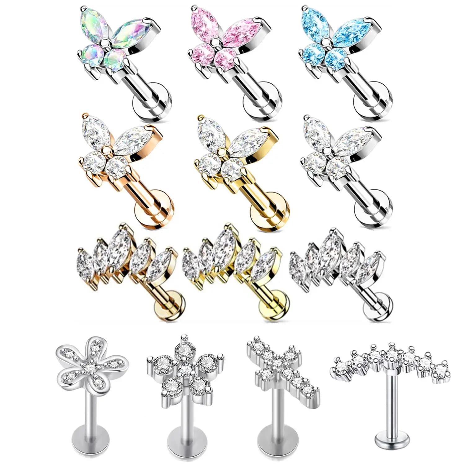 1PC Butterfly Labret Piercing Lip Stud Cluster Crystal Tragus Earring Flat Cartilage Stud Earrings Zircon Lip Piercing Jewelry