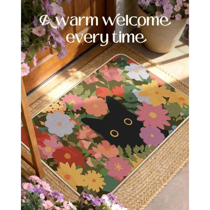 VIKAMA Tappeto di benvenuto primaverile con design gatto nero e fiori, lavabile e antiscivolo, per interni ed esterni, decorazione per la casa