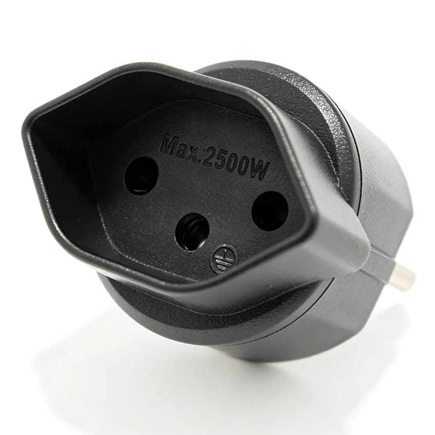 Adattatore da viaggio Svizzera-Germania-Francia (stile europeo) con 2 pin rotondi (tipo 2P+E con messa a terra) 10A 250V Nero Bianco