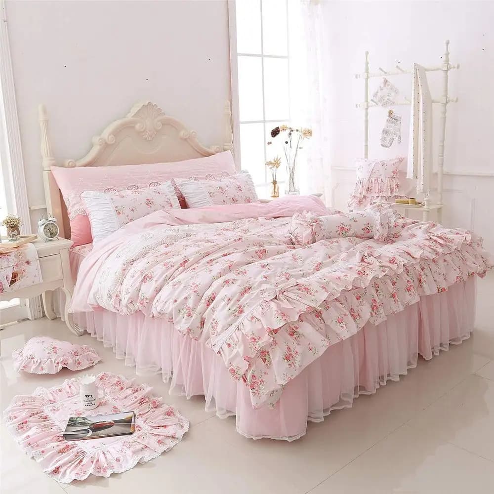 Set copripiumino con stampa rose e gonna letto, set biancheria da letto shabby chic rosa con pizzo floreale, completo 4 pezzi