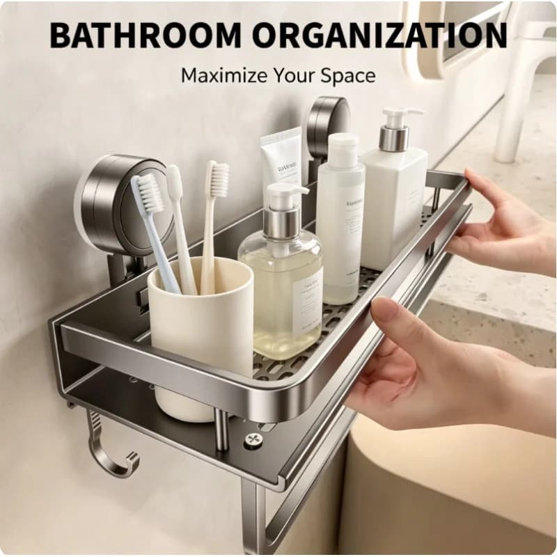 Suction Cup Wall Mount Space Aluminum Bathroom Rack Rustproof Shower Organizer Storage Holder for Bathroom Toilet