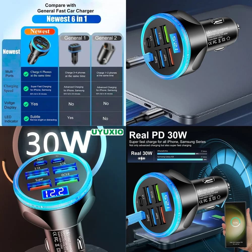 PD 30W Fast Charging Adapter 6 Ports for iPhone 17 16 15 14 Pro Max Plus Car Charger LED Digital Display Super Fast Type C USB C