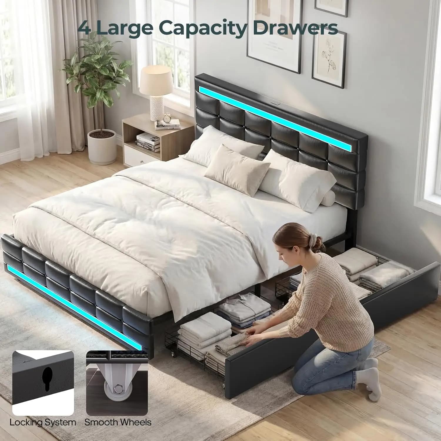 Letto matrimoniale con 4 cassetti contenitore, testiera imbottita con stazione di ricarica e luci LED, letto a piattaforma in metallo e legno