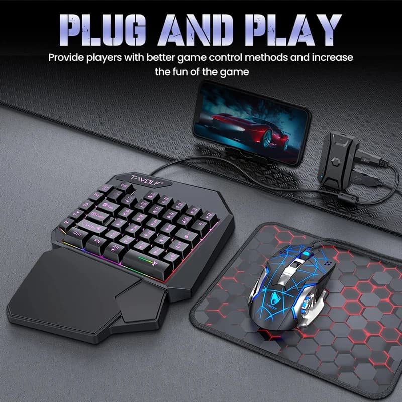 Set 5-in-1 per Gaming su Android e iOS: Convertitore Tastiera RGB con Poggiapolsi e Mouse Programmabile