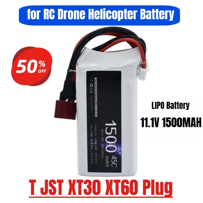 Batteria LIPO da 11,1 V 1500 MAH Batteria 45C per parti di barche FPV per elicotteri RC Drone con spina T JST XT30 XT60