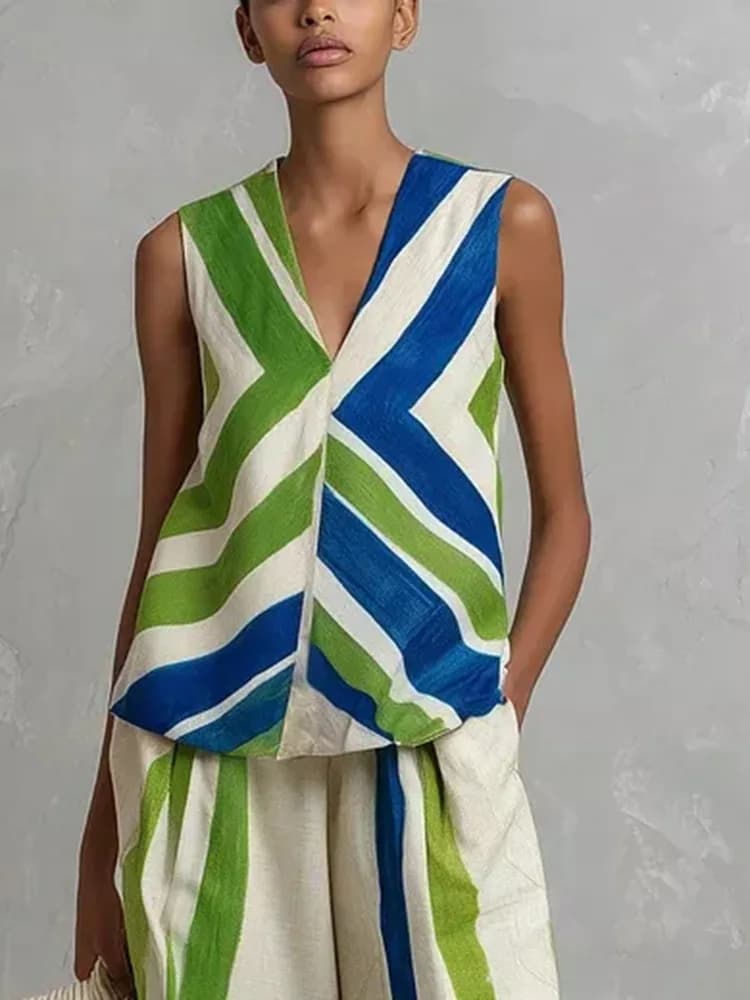 Yeezzi Top da Donna con Scollo a V a Righe a Contrasto Stampa Fantasia, Nuova Collezione Estate 2026, Senza Maniche, Casual, per Ufficio