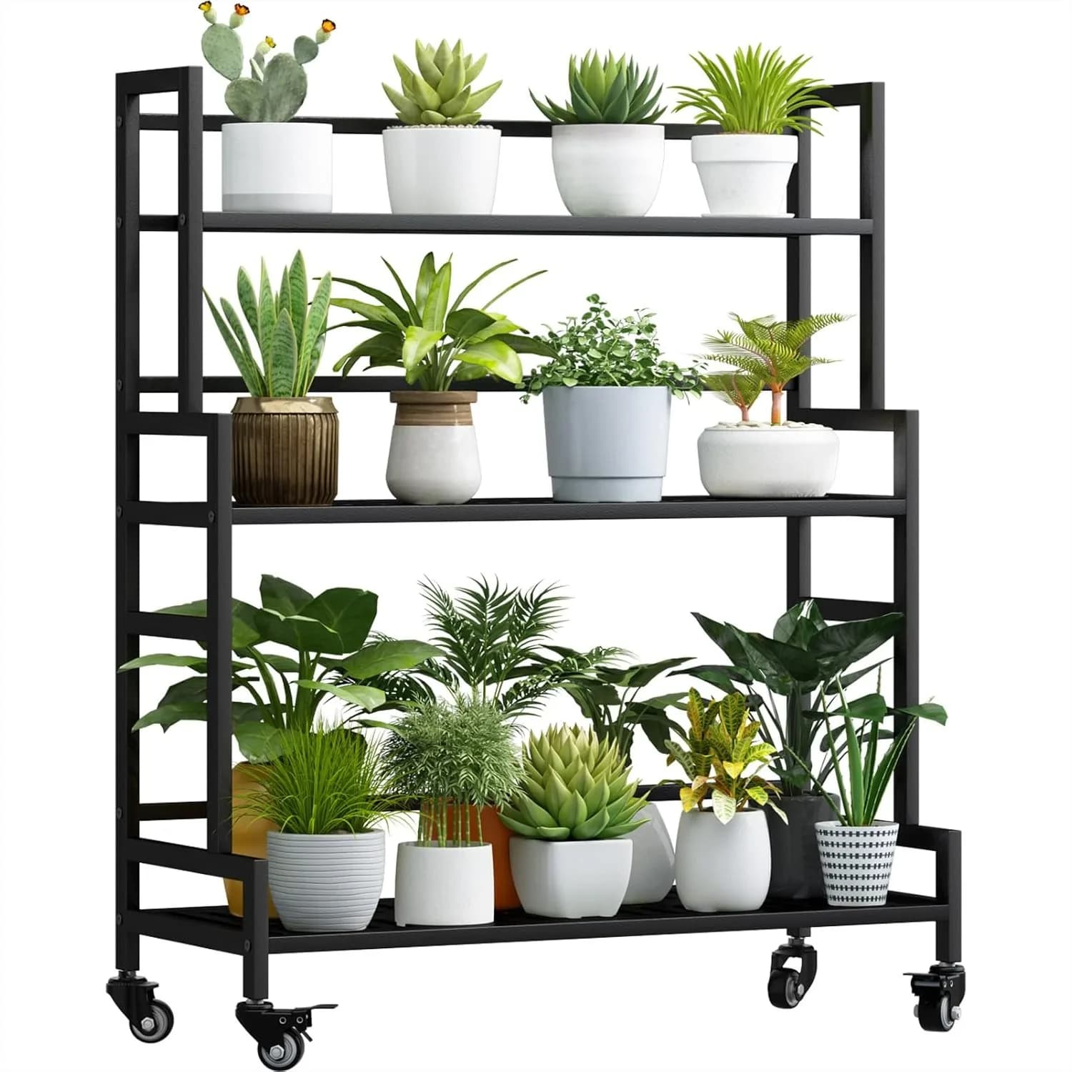 3 Tier Metal Plant Stand with Wheels for Indoor Outdoor Use, Mobile Pot Holder for Garden Balcony