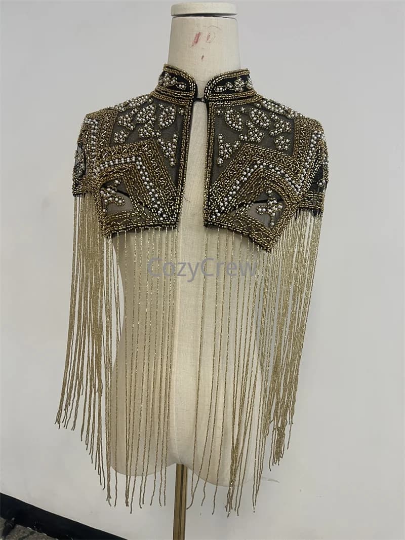 Retro Luxury Sequin Beaded Fringe Tassel Short Shrug Jacket, Women Elegant Formal Bolero Cape Shawl Wrap Sequined Evening Wrap