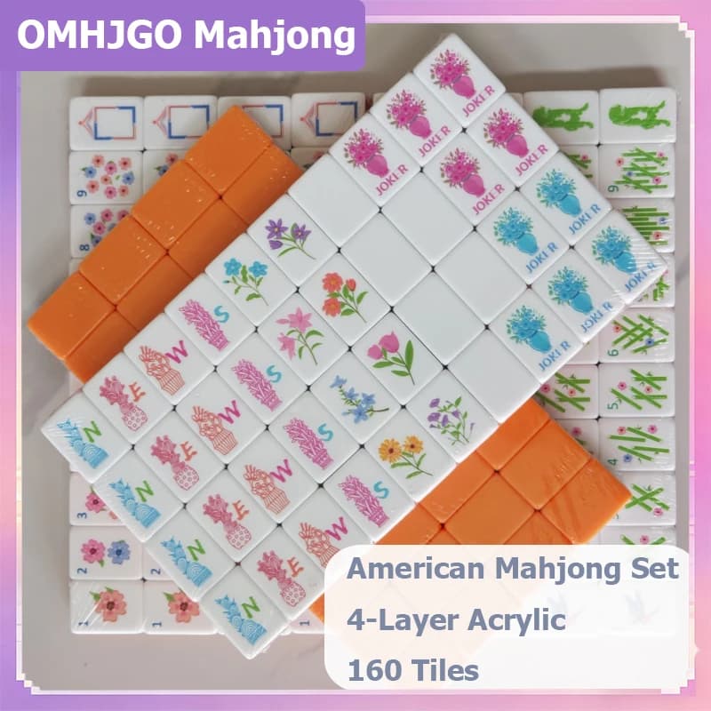 OMHJGO Luxury Modern Acrylic Mahjong Tile Bright Orange Engraved American Mahjong Set Travel Mah Jongg Family Entertainment Gift