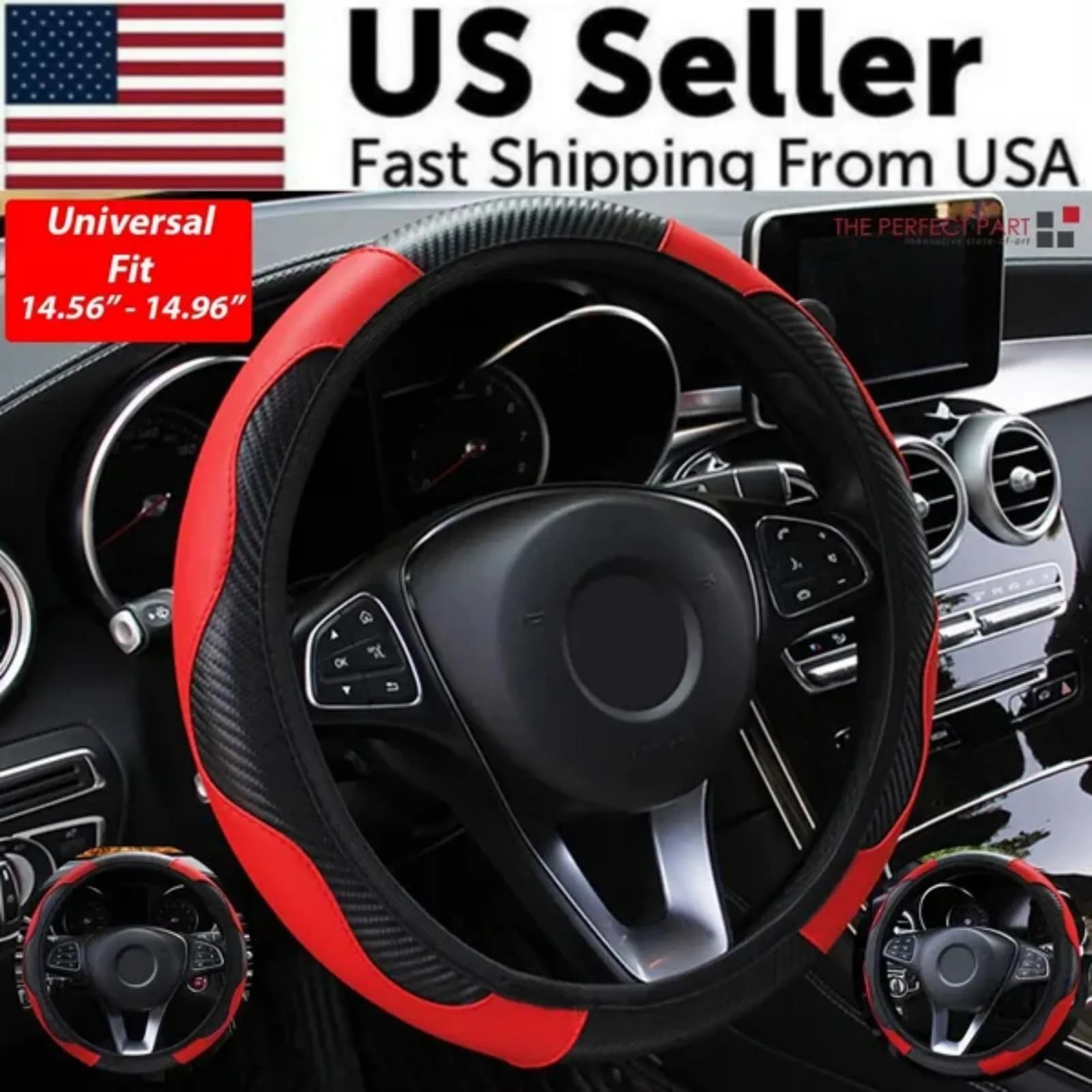 Car Steering Wheel Cover Red Black Leather Anti-slip For 15"/38cm Carbon Fiber