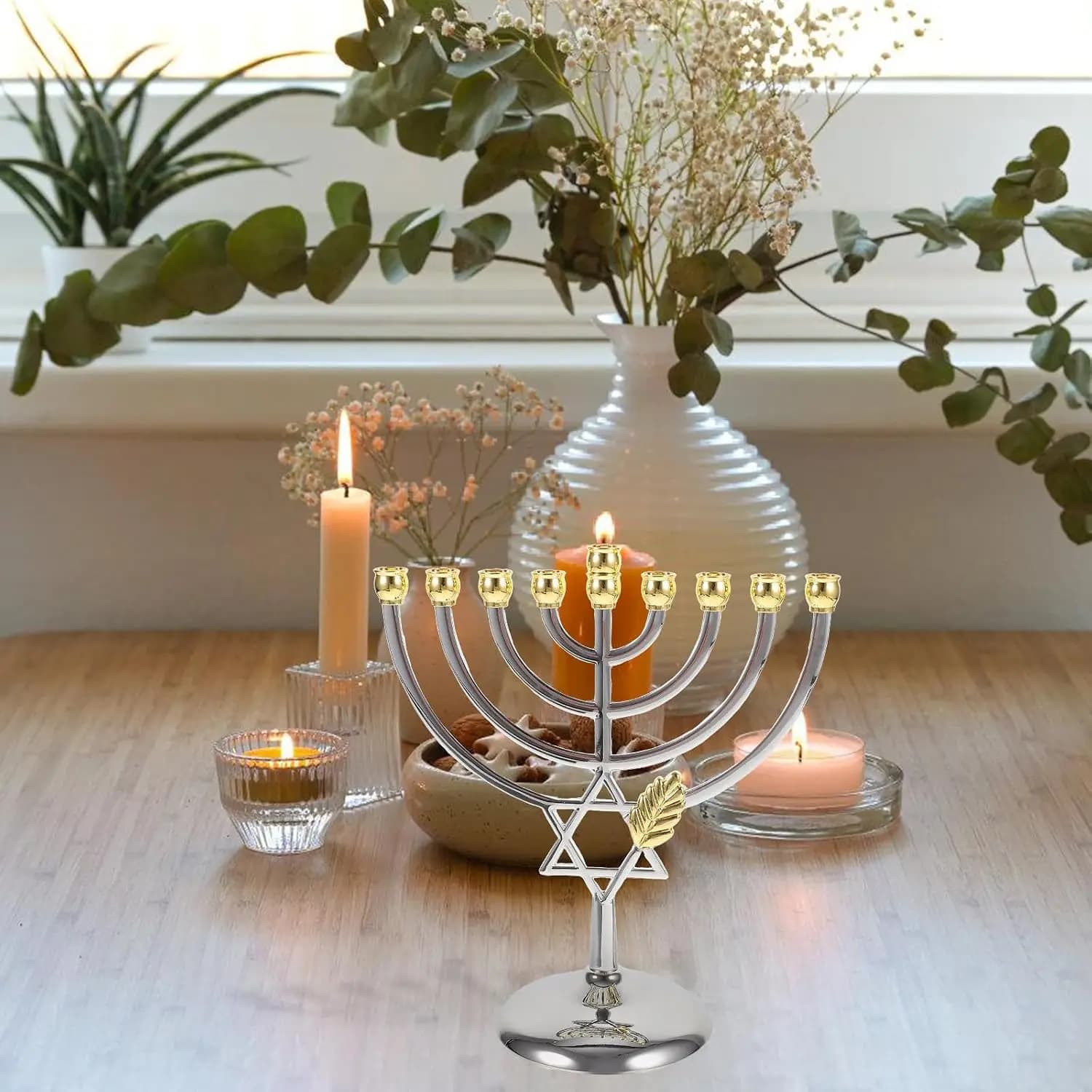9 Branch Hanukkah Menorah Metal Chanukah Candlestick Jewish Star of David Candle Holder Table Centerpiece Home Ornaments Gift