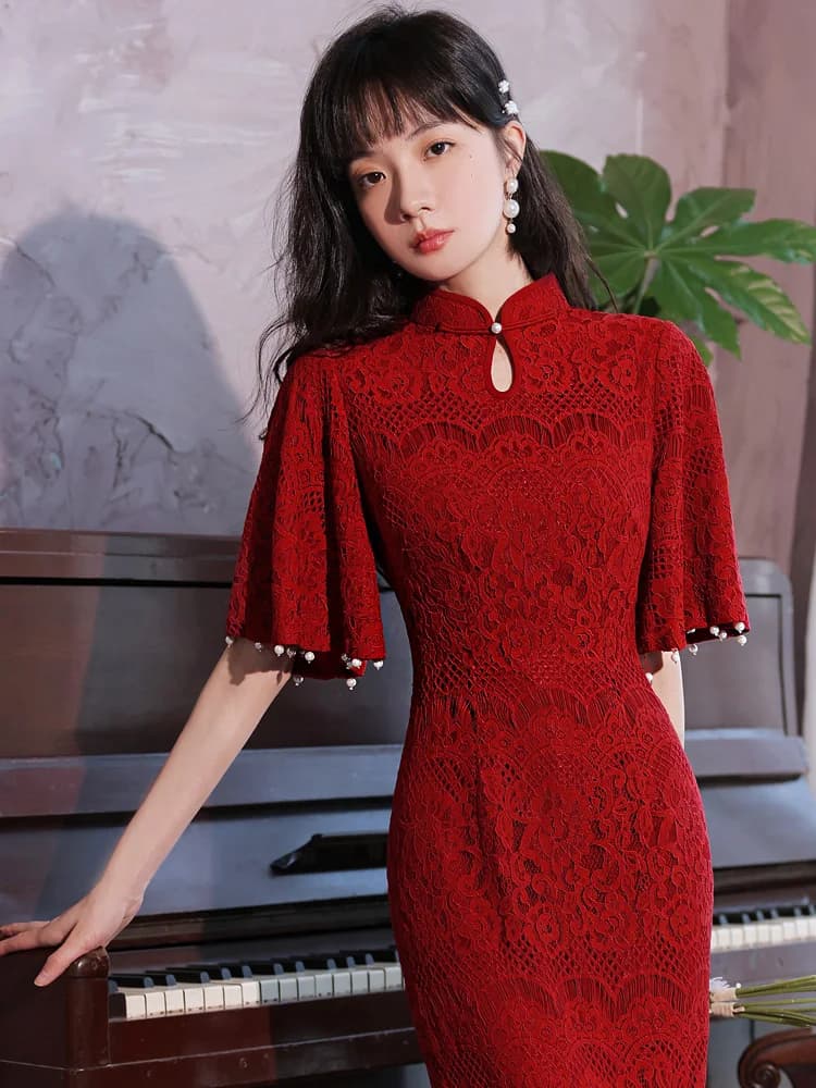 Elegant Red Lace Qipao Dress Wedding Engagement Vintage Ceremony Women's Fashion High-End Feel Short Sleeve Long Qipao Gown