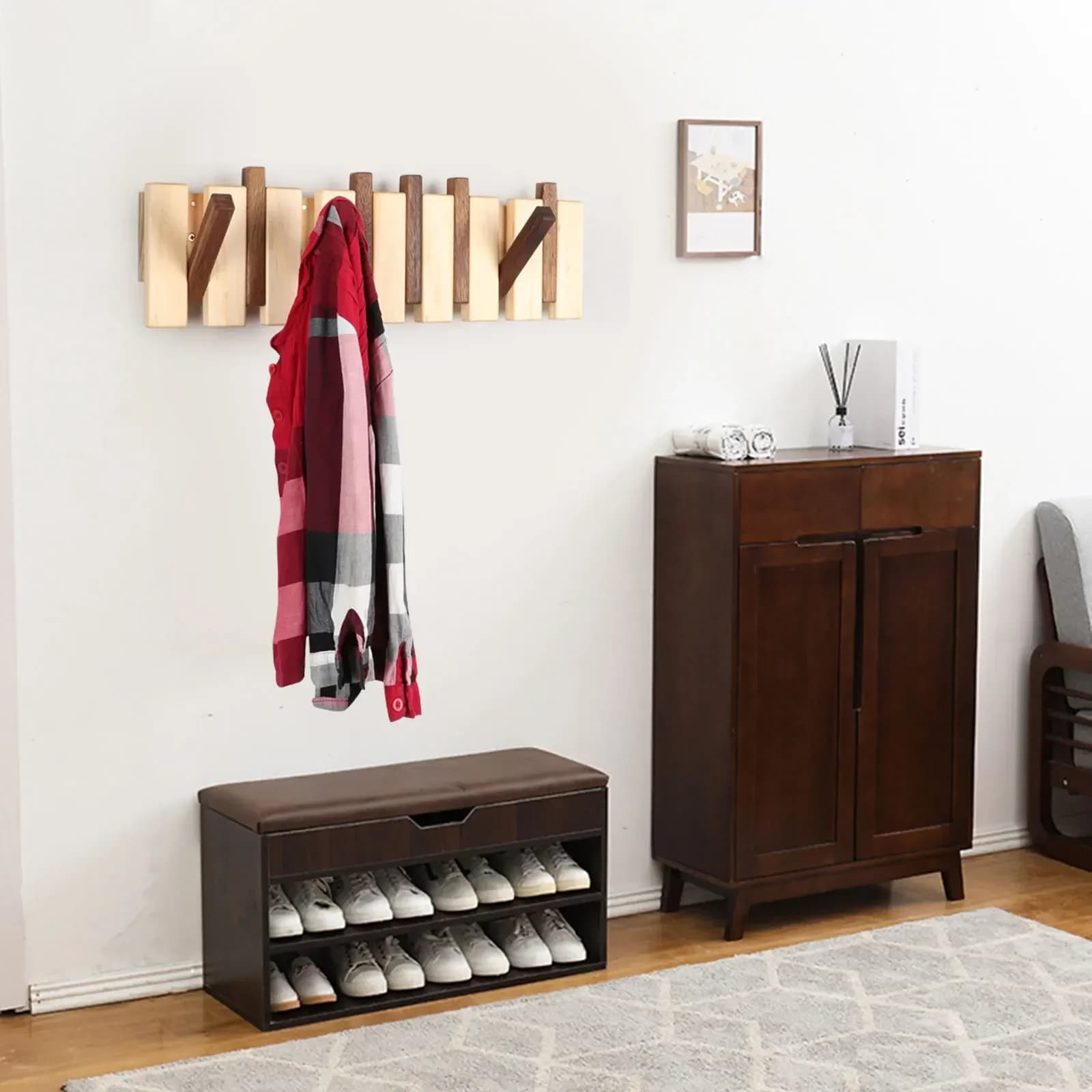 Stylish Modern Wall Mounted Coat Rack,Solid Pine Wood Clothes Hanger with 8 Stable Hooks,Space Saving Entryway Hallway Storage Organizer