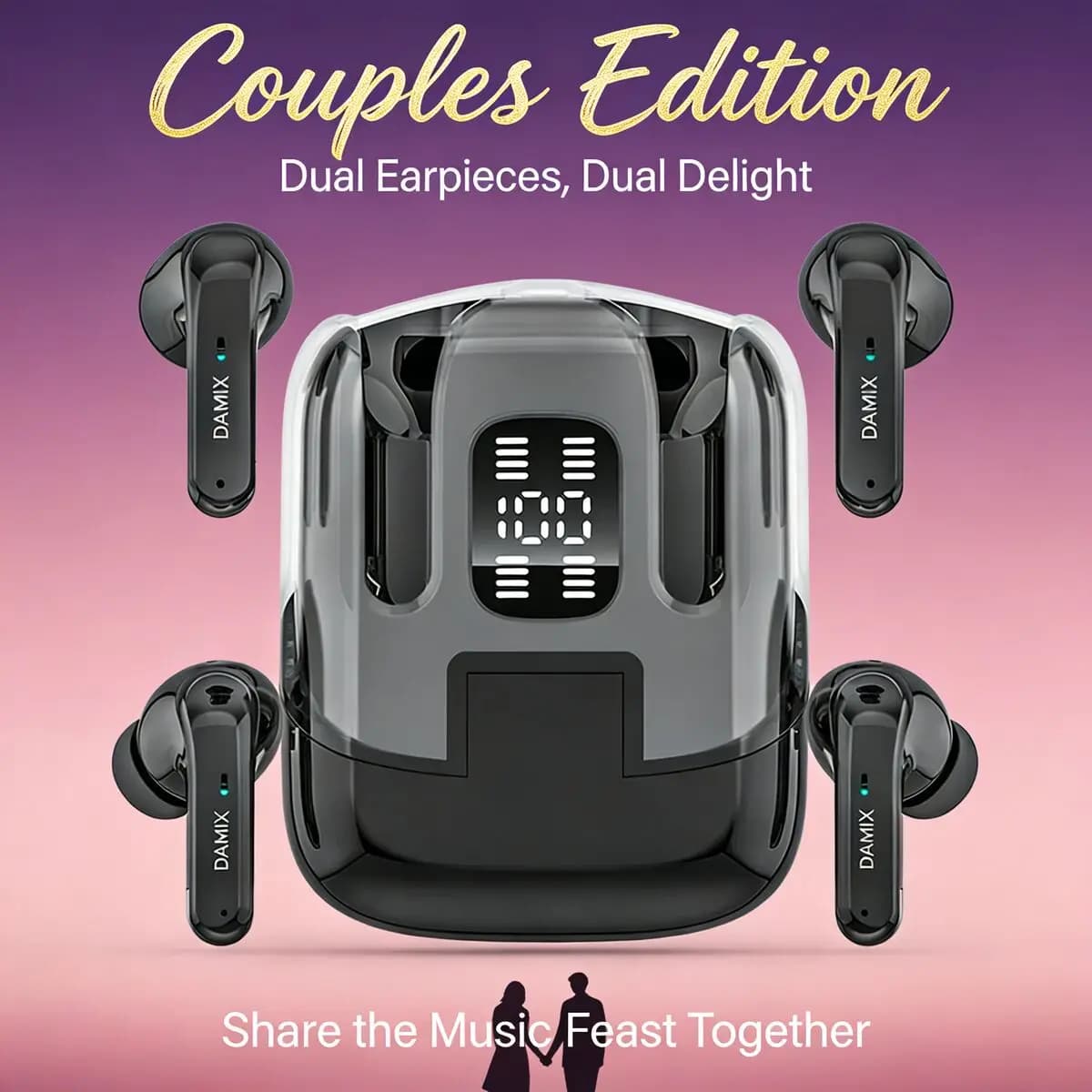 Auricolari Wireless TWS DX16 per Coppie (2 Paia) Design a Zaino con Display Digitale della Batteria, Durata Ultra-Lunga, Custodia Trasparente