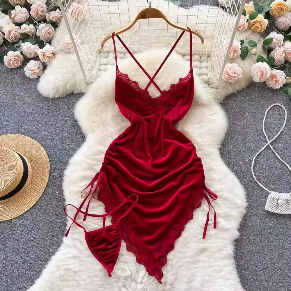 Hot sexy scollo a V cinturino incrociato abito patchwork di pizzo irregolare pieghettato indumenti da letto lingerie erotica da donna pigiama senza maniche senza schienale