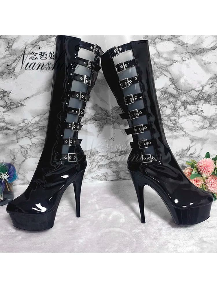Stivali al Ginocchio Sexy con Tacco Alto 15cm e Plateau 6 Pollici per Pole Dance e Crossdressing