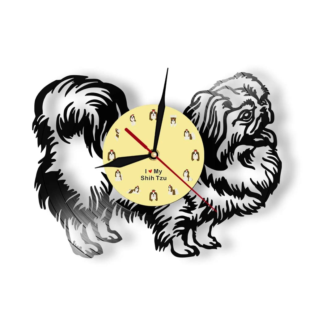 Orologio da Parete in Vinile Ispirato al Shih Tzu per Negozio di Animali, Clinica Veterinaria, Arredamento Casa, Orologio Artigianale a Forma di Disco Musicale