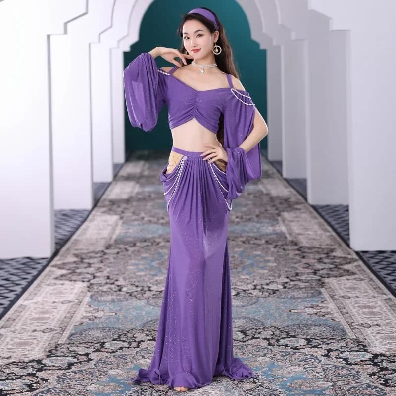 Costume sexy di danza del ventre per donna Top a maniche lunghe + gonna 2 pezzi Completo da allenamento Set da esibizione Completo da troupe di danza orientale