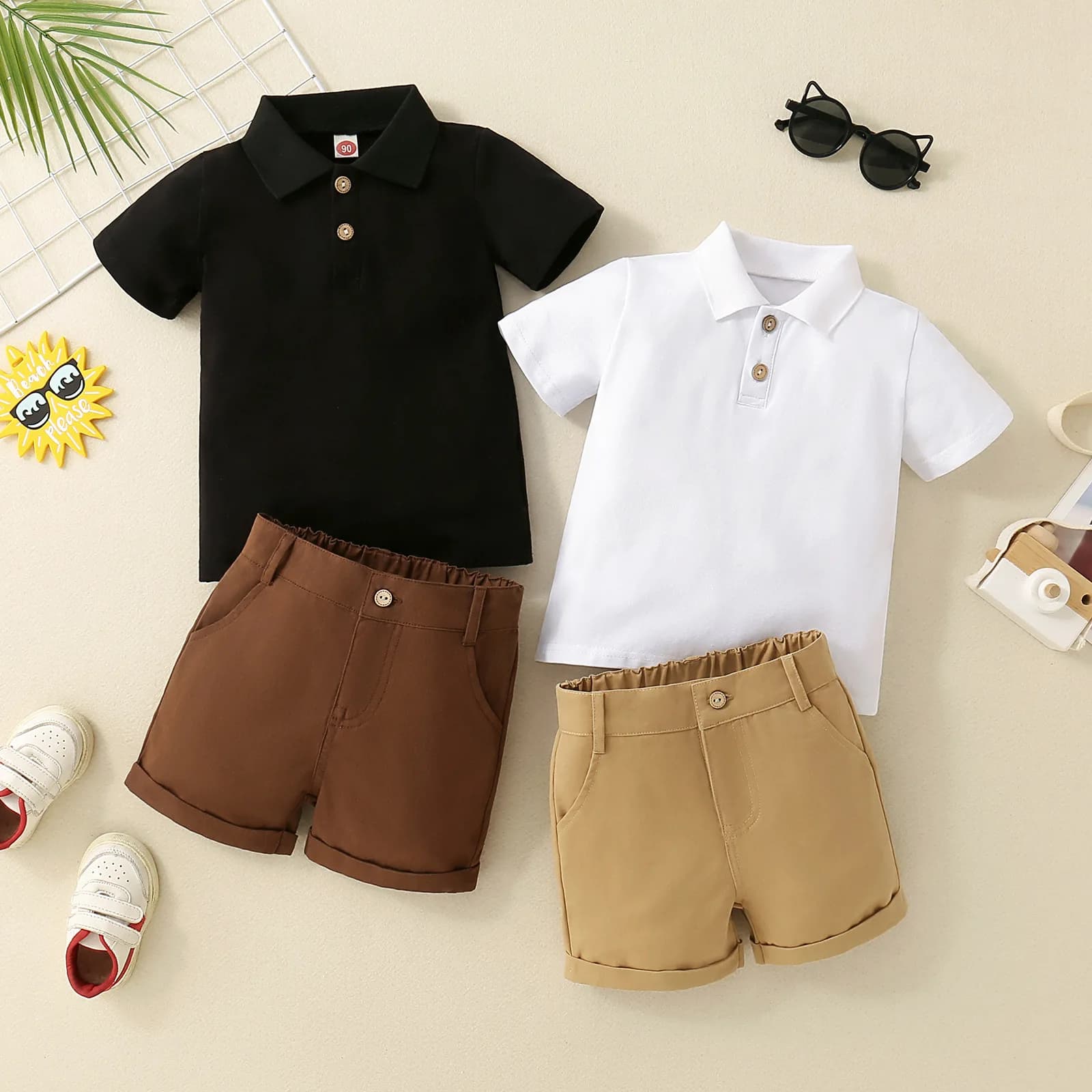 2 pezzi camicia per bambini estate ragazzo Polo a maniche corte collo bottone vestiti camicia di cotone delicato sulla pelle con pantaloncini