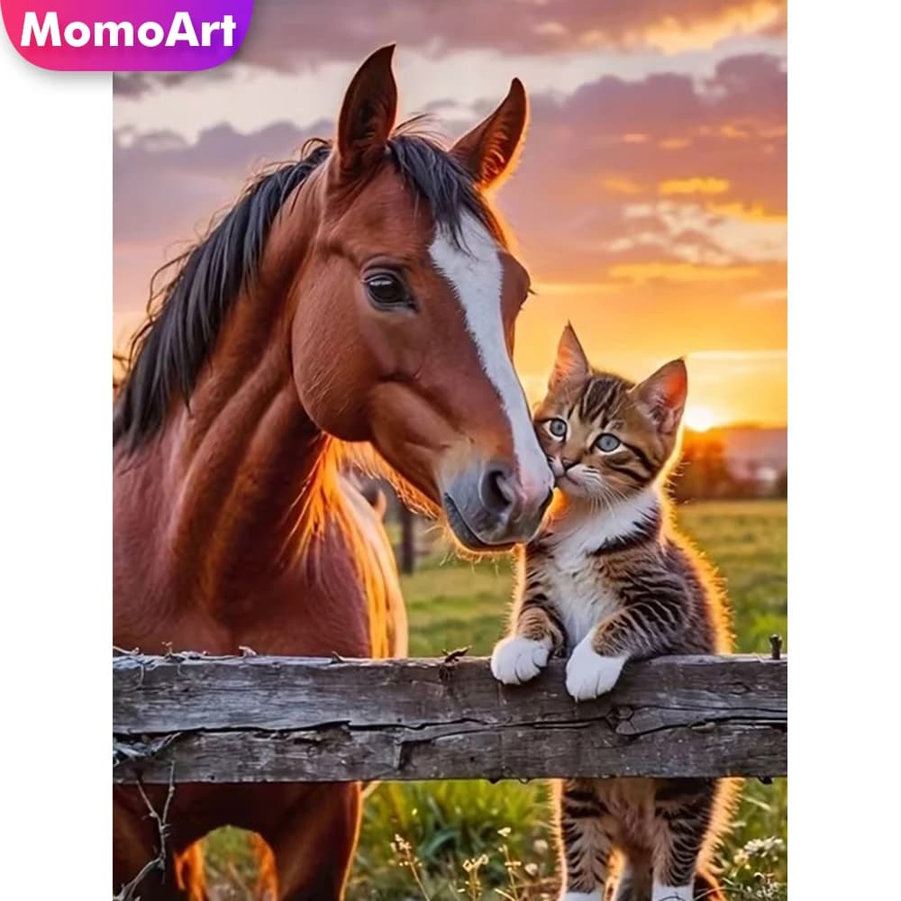 Momoart Diamond Mosaic Cavallo Animale Mosaico Diamantato Completo Quadro Rotondo Pittura Diamantata Gatto Fai da Te Immagine Ricamo Strass Regalo Bambino