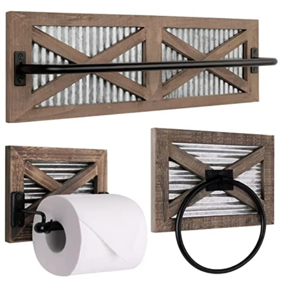 Set di 3 Pezzi Porta Carta Igienica e Porta Asciugamani Rustico in Legno Marrone Stile Fattoria per Bagno