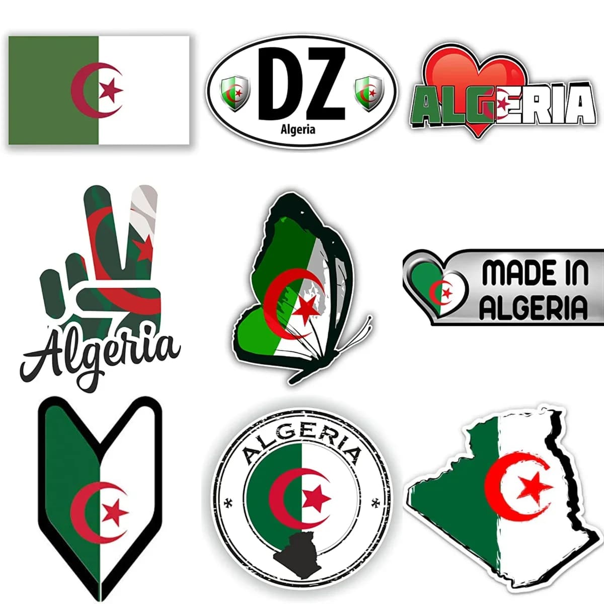 Adesivi Creativi Impermeabili con Bandiera, Mappa ed Emblema dell'Algeria per Auto, Moto, Casco, Finestra, Frigorifero, Decorazione Murale e Accessori
