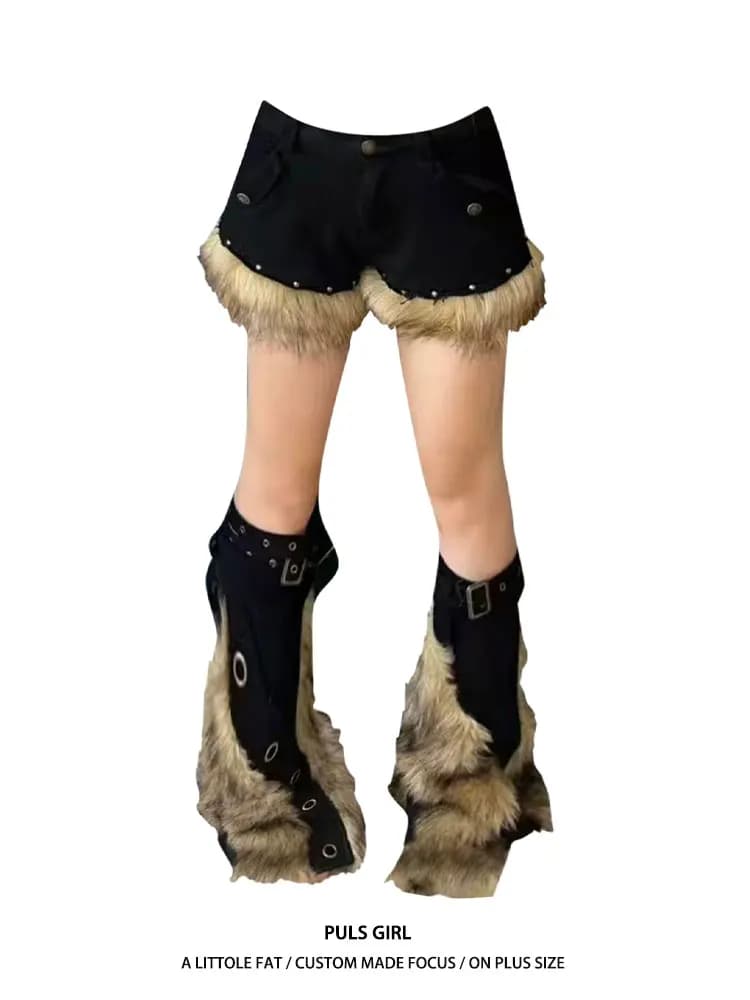 Low Waist Splice Heavy Work Plush Shorts Women's Fashion Casual Style Slim Fit Summer Hot Pants Large Size American Retro