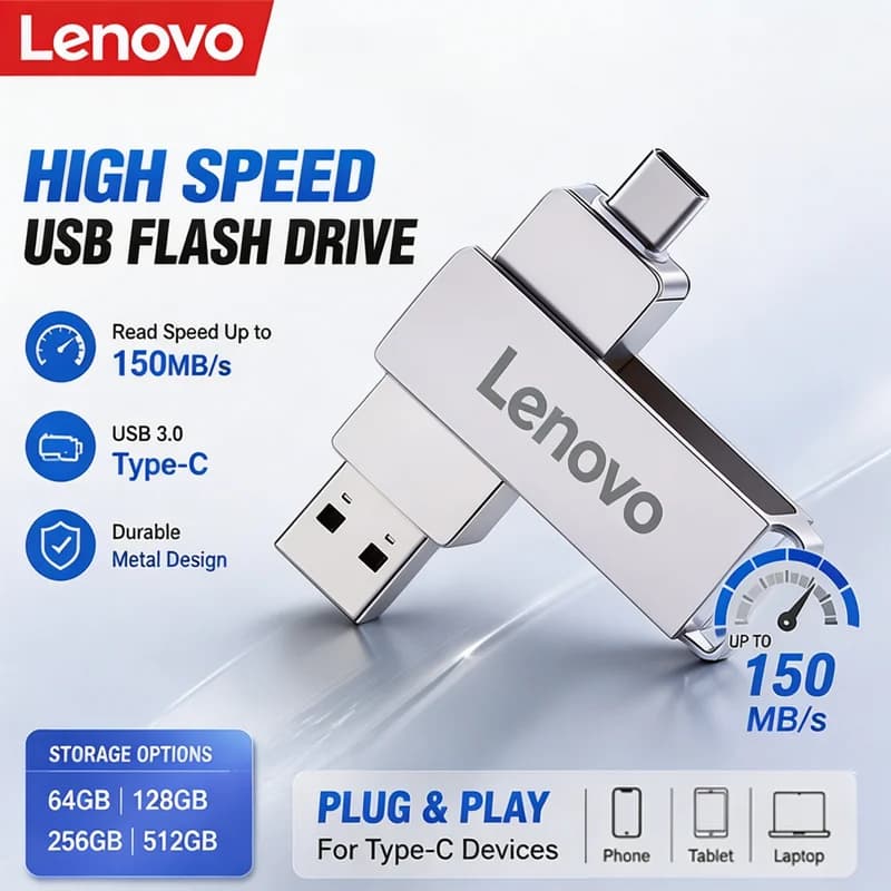 Lenovo High Speed USB 3.0 Flash Drive 512GB Metal Type-C U Disk 256GB 128GB Memory Stick for PC Phone Data Transfer Network Card
