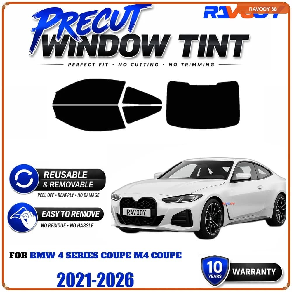 RAVOOY Precut Window Tint, Reusable Removable EPU Film, Custom Fit for Bmw 4 Series Coupe M4 Coupe 2021-2026, UV Heat Protection