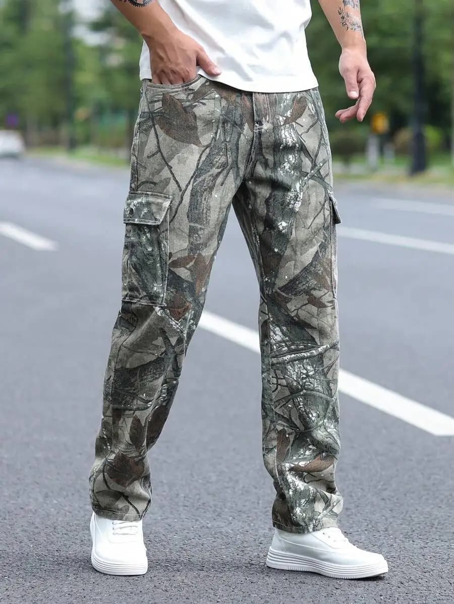 Mens Camouflage Cargo Jeans Straight Leg Washed Denim Pants