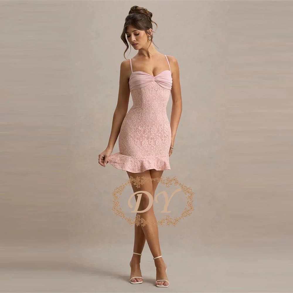 Abito midi elegante da festa DY Sexy Heavy-Duty con spalline sottili e bendaggi, design asimmetrico con pizzo alla moda
