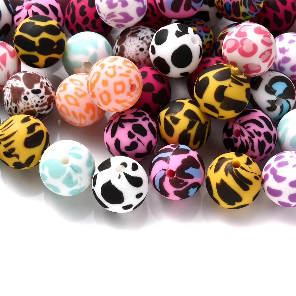 10 Pz 15 Mm Silicone Stampa Leopardo Dot Perline Stampate Vibranti Perline Focale Mestiere Bulk per Fai Da Te Braccialetto Portachiavi Borsa Ciondolo Fare