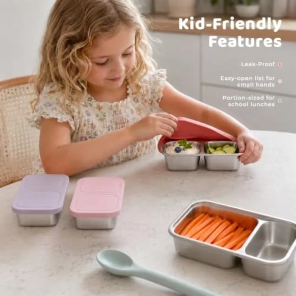 Portable Snack Containers 304 Stainless Steel 2-Compartment Food Storage Box 300 ML Capacity Silicone Lids Meal Prep Containers