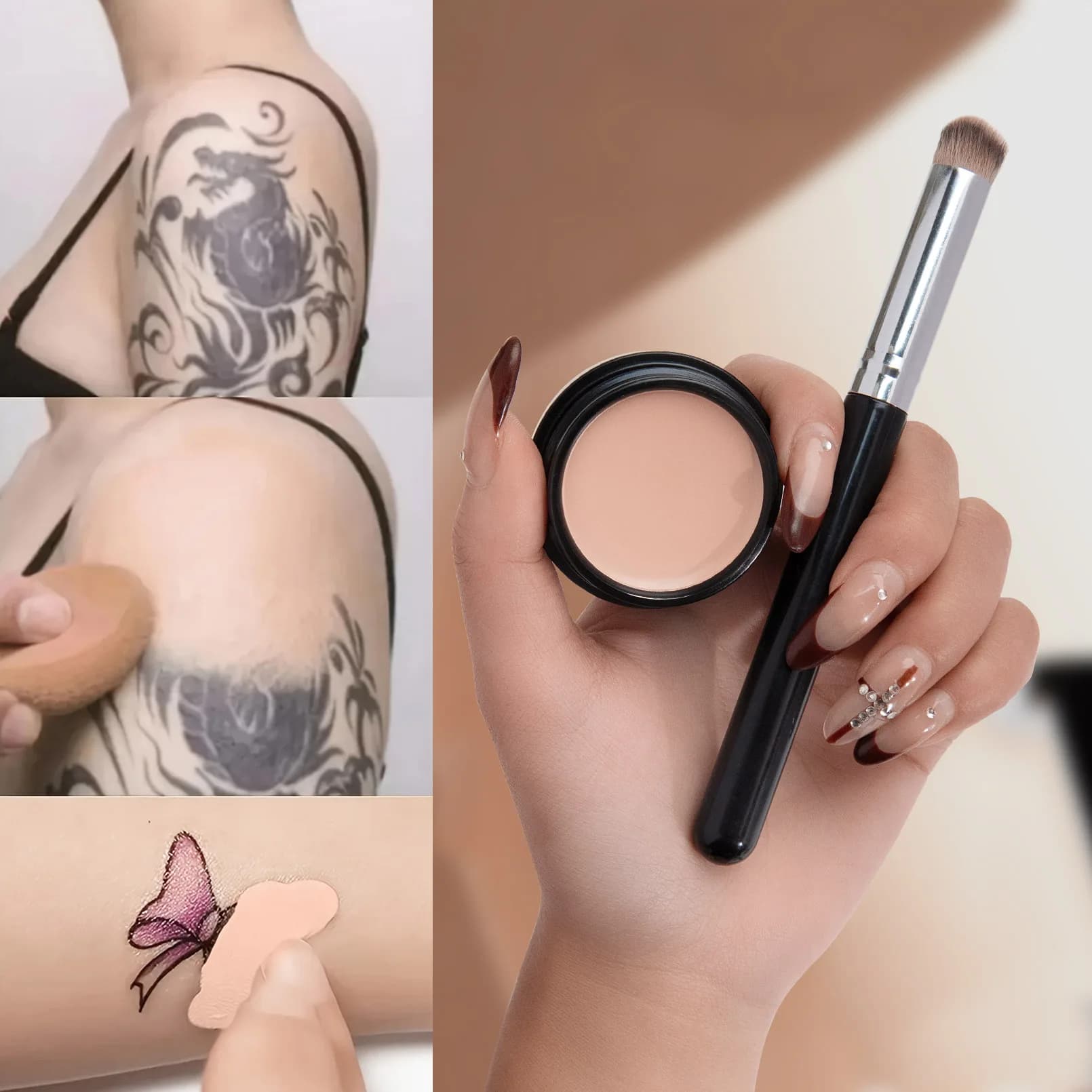 Correttore impermeabile e resistente al sudore con pennello: copertura del tatuaggio, fondotinta duraturo, naturale, copertura totale, tutti i tipi di pelle