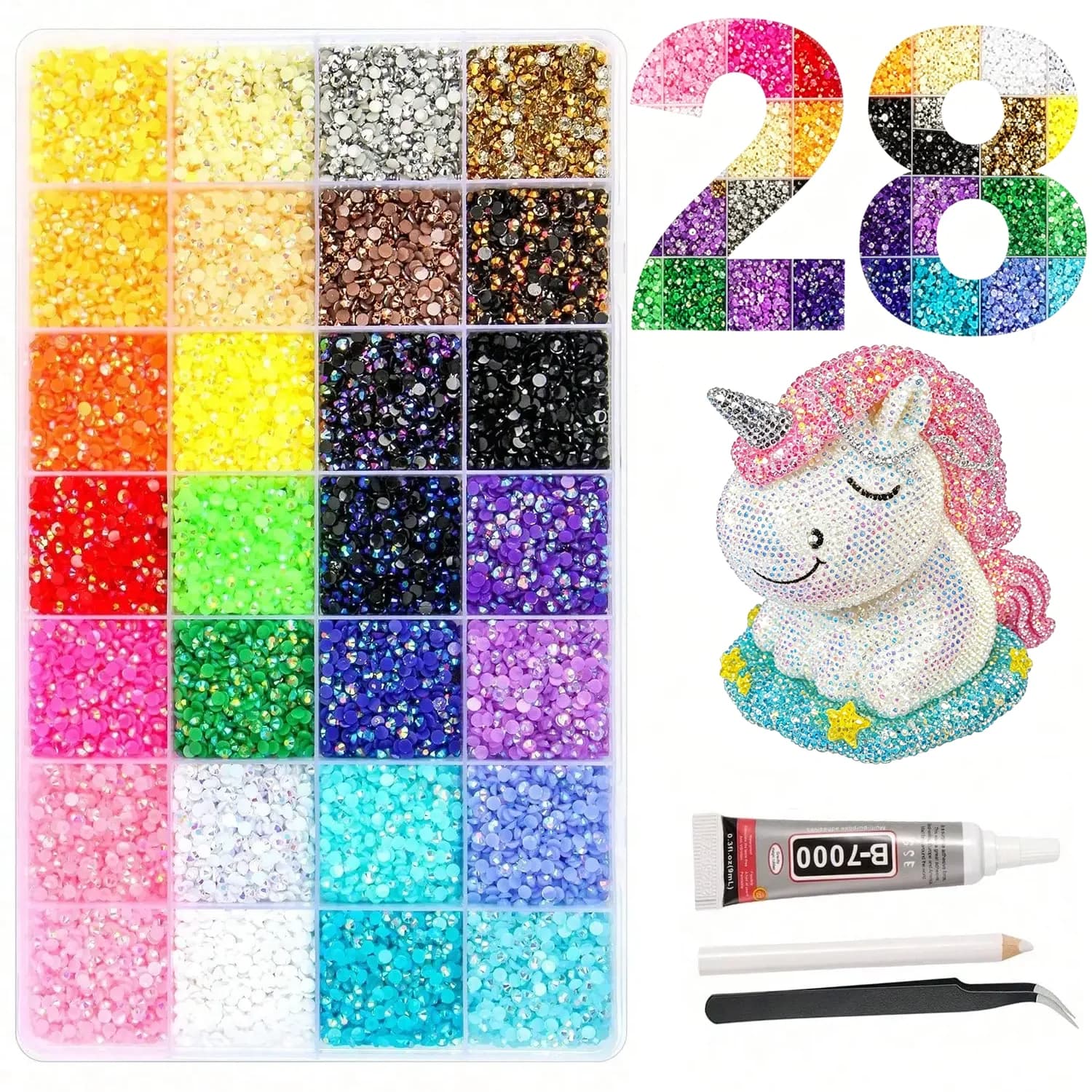 28 Colors Rhinestone Bedazzling Kit with B7000 Glue for Nail Art Crafts Tumblers And DIY Projects