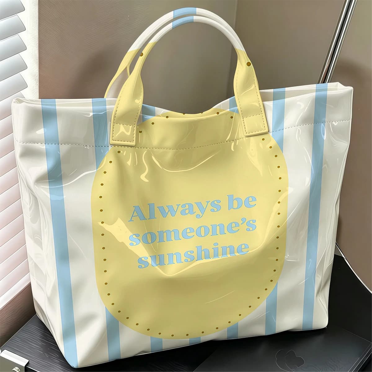 Sunshine Quote Hot Sale Large Glossy PVC Tote Bag Hand Washable Waterproof Great for Travel Commute Makeup Storage Handbags