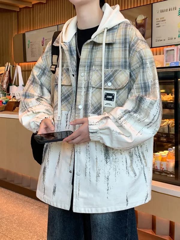 Giacca con Cappuccio Oversize da Uomo, Stile Hong Kong Finto Due Pezzi, Cardigan Aperto di Tendenza per Primavera e Autunno