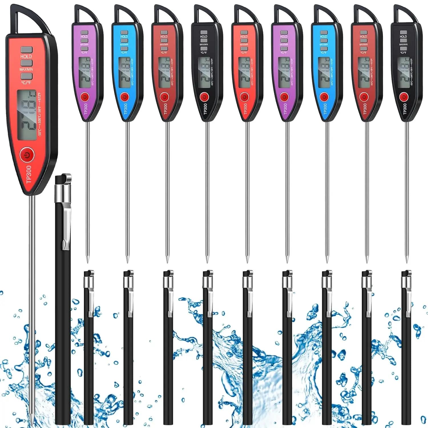 10 Set Digital thermometer for waterproof food with long probe for cooking, barbecue, candles, candies – instant reading kitchen equipment (Black)