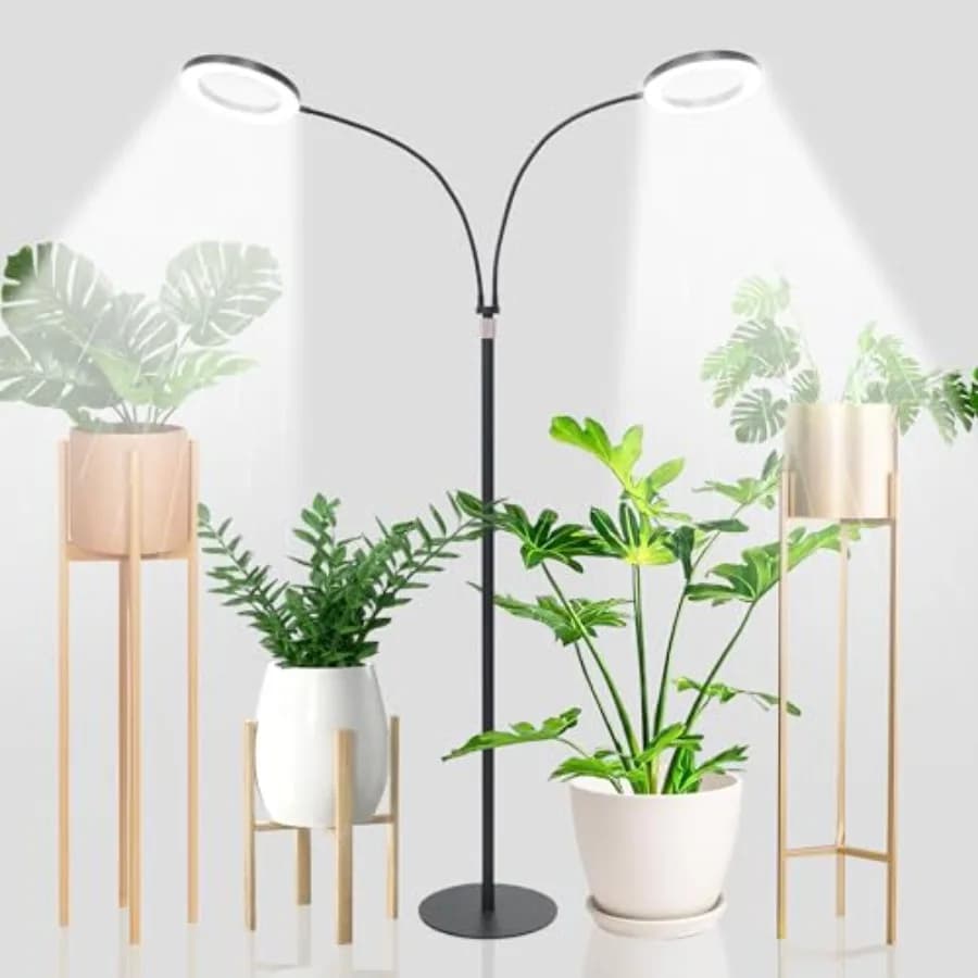 Luci per piante da interno a doppia testa, LED a spettro completo con supporto, 6 livelli di luminosità regolabili, 3 modalità di illuminazione, accensione automatica.