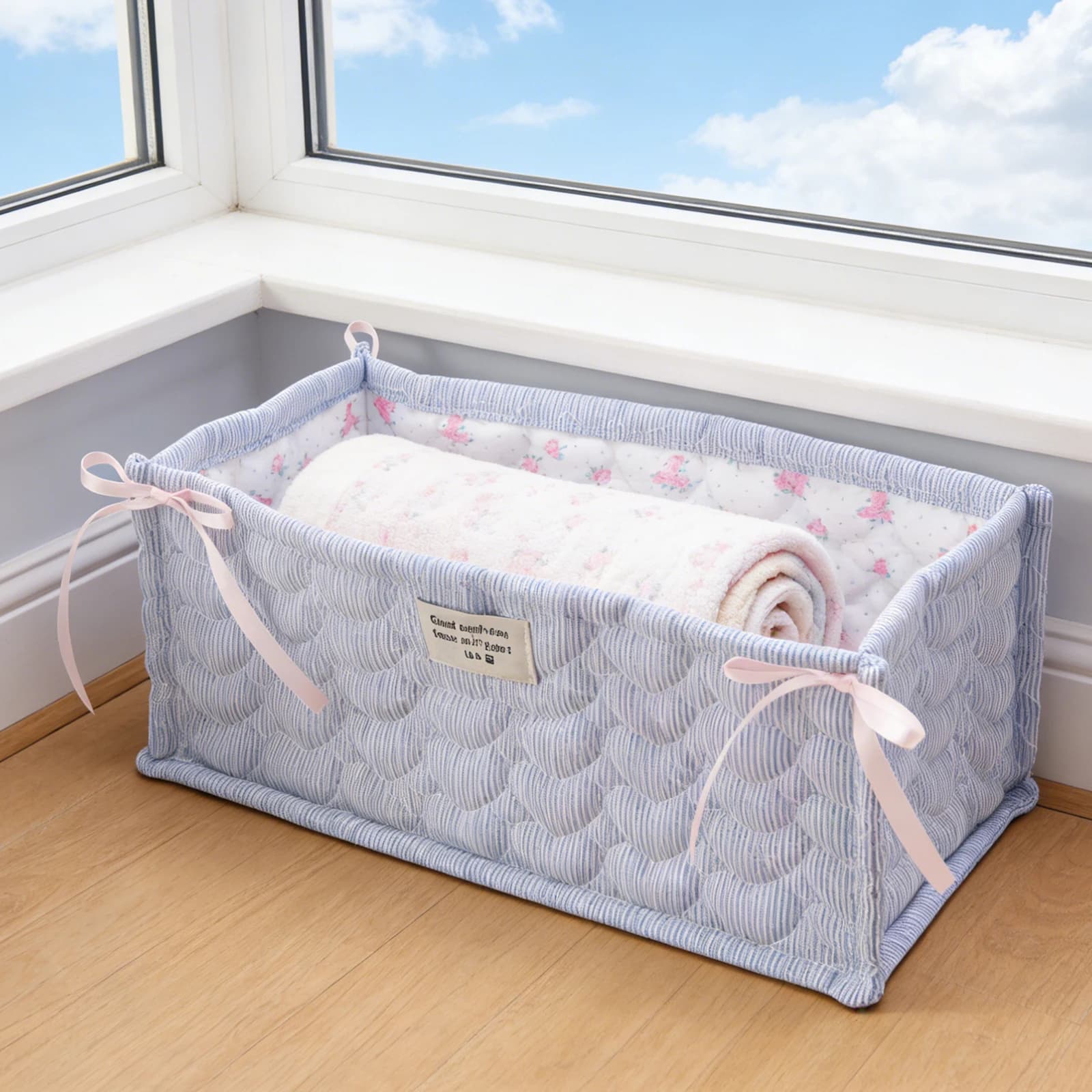 Cestino da Tavolo Trapuntato con Fiocco, Organizer per Accessori da Scrivania, Contenitore per Ufficio, Casa, Cancelleria, Snack, Giocattoli