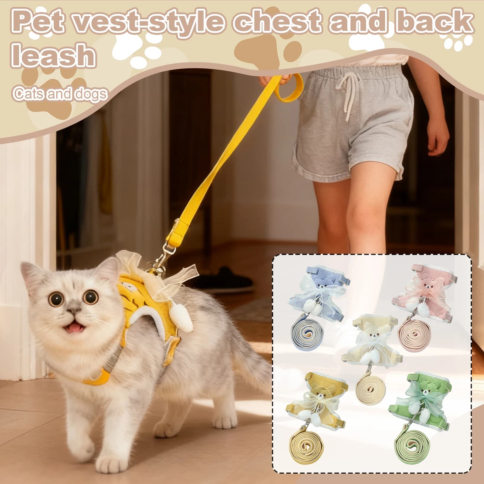 Guinzaglio per Animali Domestici Stile Gilet con Motivo Orso Cartone Animato, Corda di Trazione Regolabile per Cani e Gatti, Accessorio Elegante per Passeggiate, Articoli per Animali