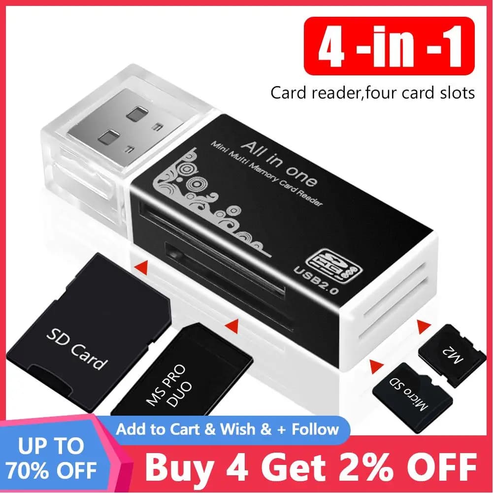 Lettore di Schede 4 in 1 USB 2.0 Multi-Card Reader Adattatore per Memory Stick Pro Duo Micro SD/T-Flash/M2/MS