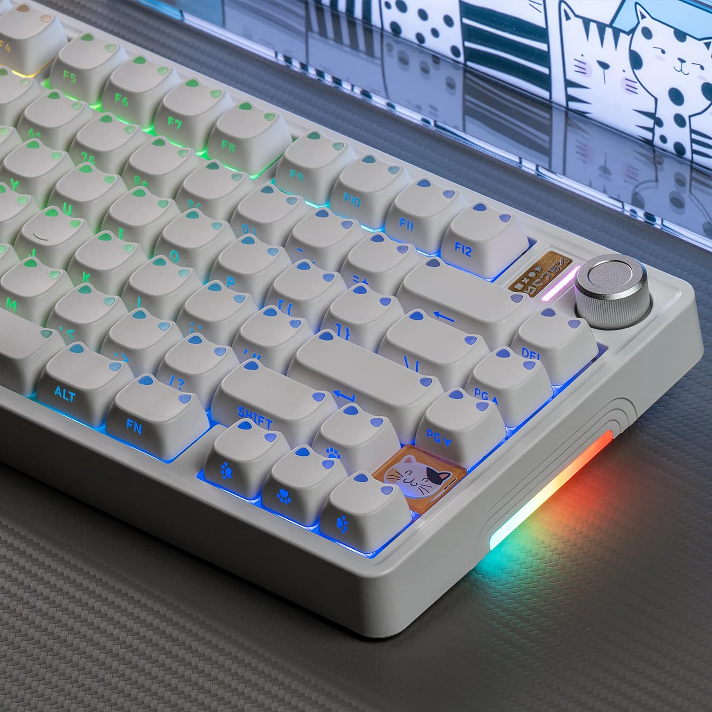 Keycap a Forma di Testa di Gatto in PBT MAO, Tasti Rotondi con Stampa Laterale Retroilluminata, Design Minimalista Bianco per Tastiere Meccaniche MX 64 87 96 104