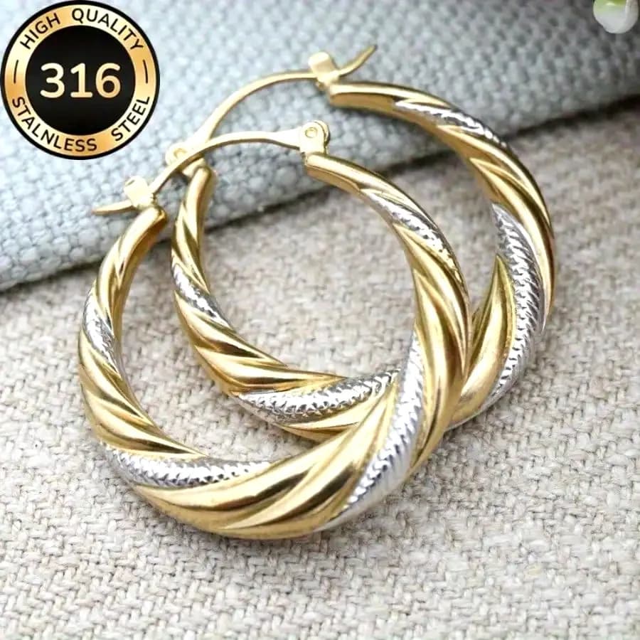316 Stainless Steel Two-tone Twisted Hoop Earrings, Classic Retro Textured Jewelry