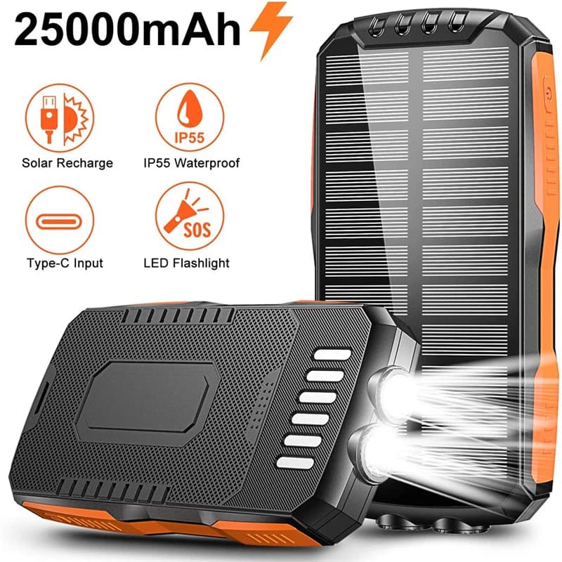 25000mAh Solar Power Bank Dual USB Portable Charger for iPhone 16 15 Xiaomi Samsung Powerbank with Camping Light Spare Battery