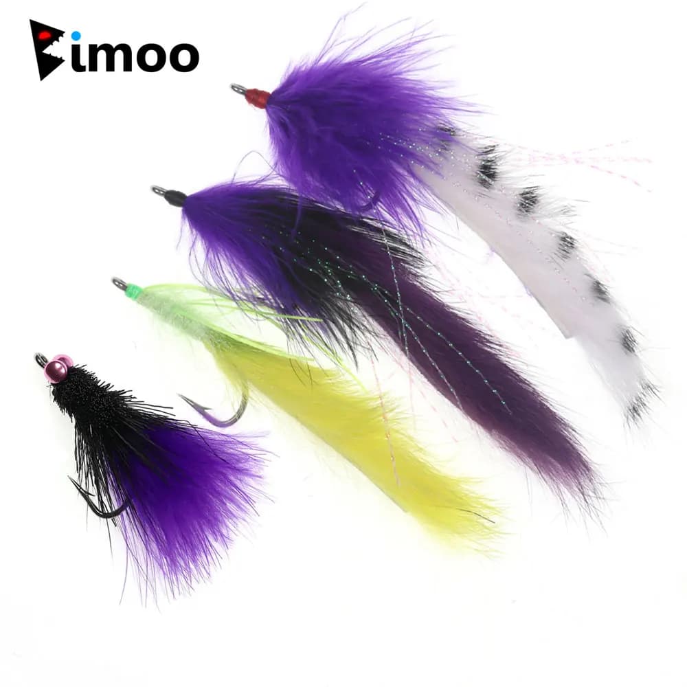 Bimoo 2 pz 1/0 manubri Bead Eyes Marabou Streamer Fly Hare Strip Streamer trota luccio Steelhead Musky esche da pesca in acqua salata