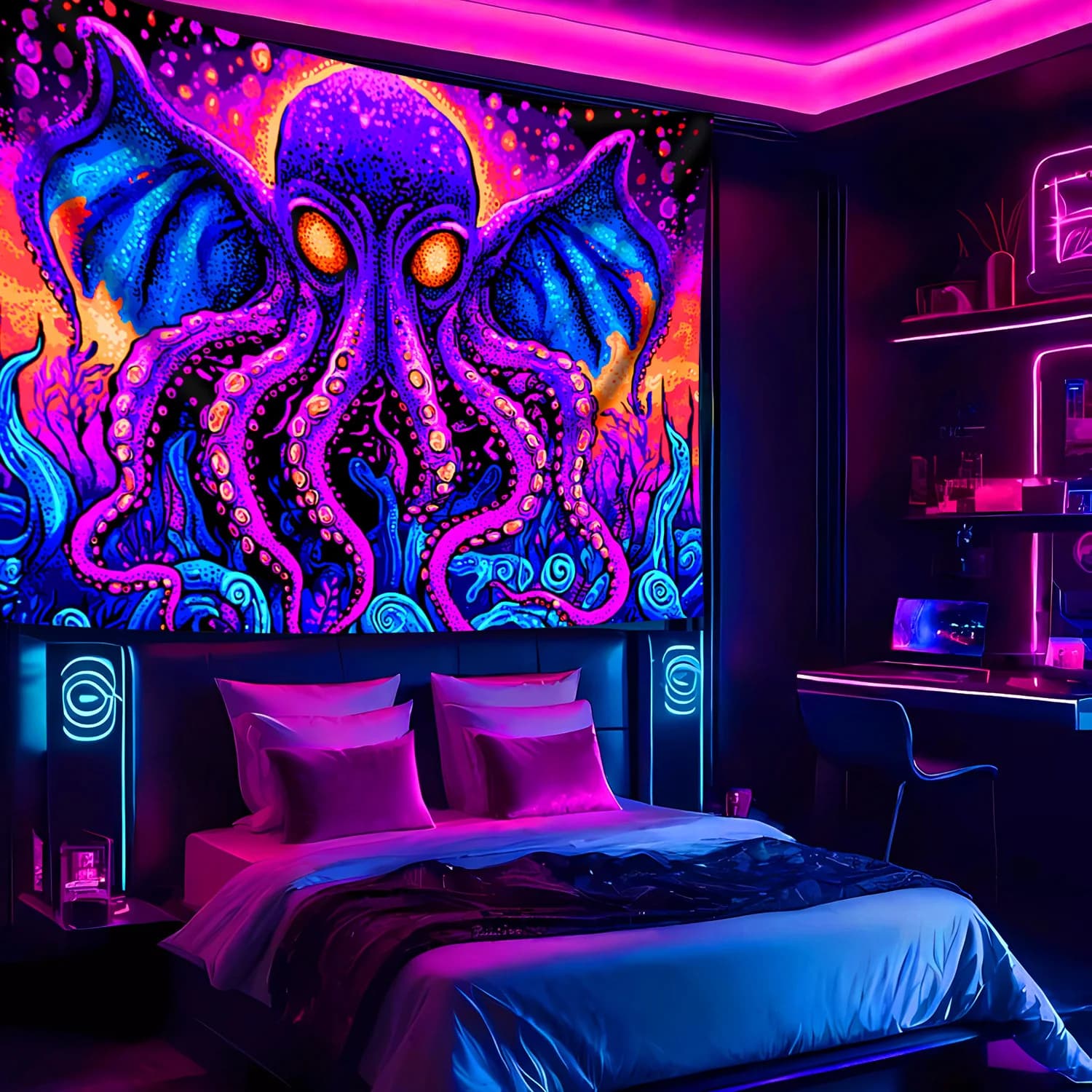 VIKAMA Neon Octopus Tapestry Psychedelic Art Decor Esports Room Trendy Space Atmospheric Wall Art Room Decor