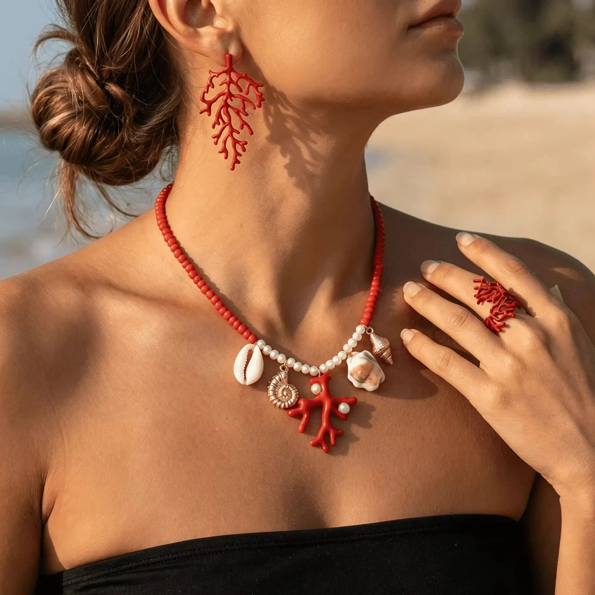 Bohemian Red Coral Branch Ring Necklace Earrings Set for Women Shell Conch Necklace Ring Drop Earrings Party Jewelry Gift