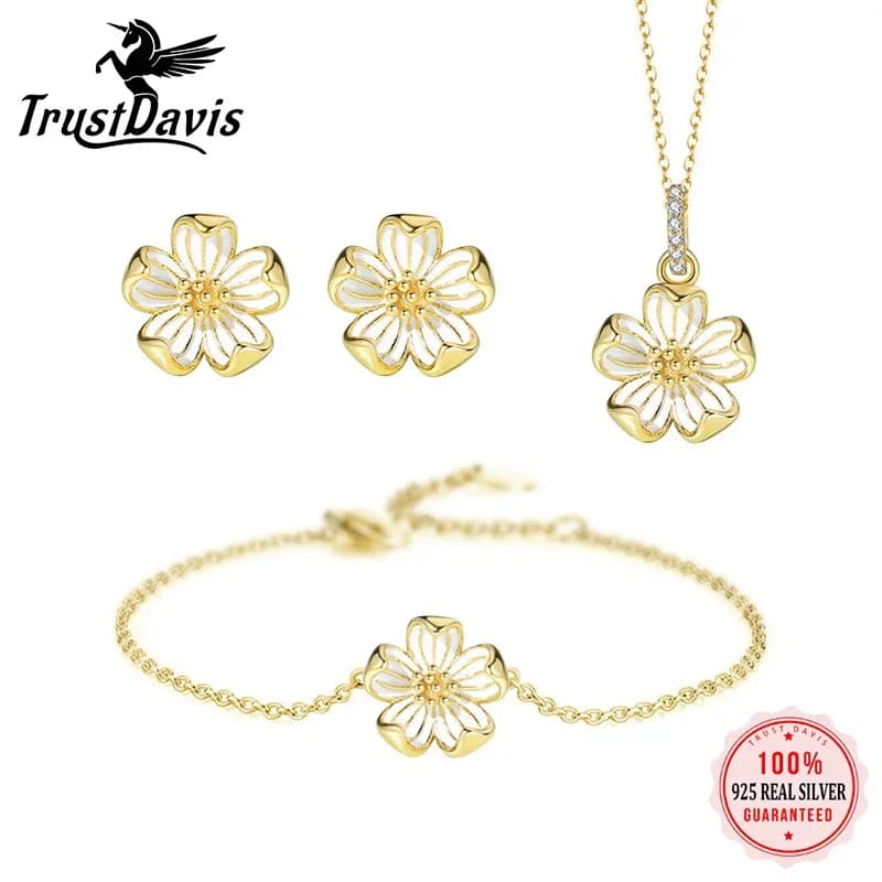 TrustDavis Real 925 Sterling Silver Daisy Flower collane bracciale orecchino a bottone per figlia ragazze regalo di compleanno gioielli LB090