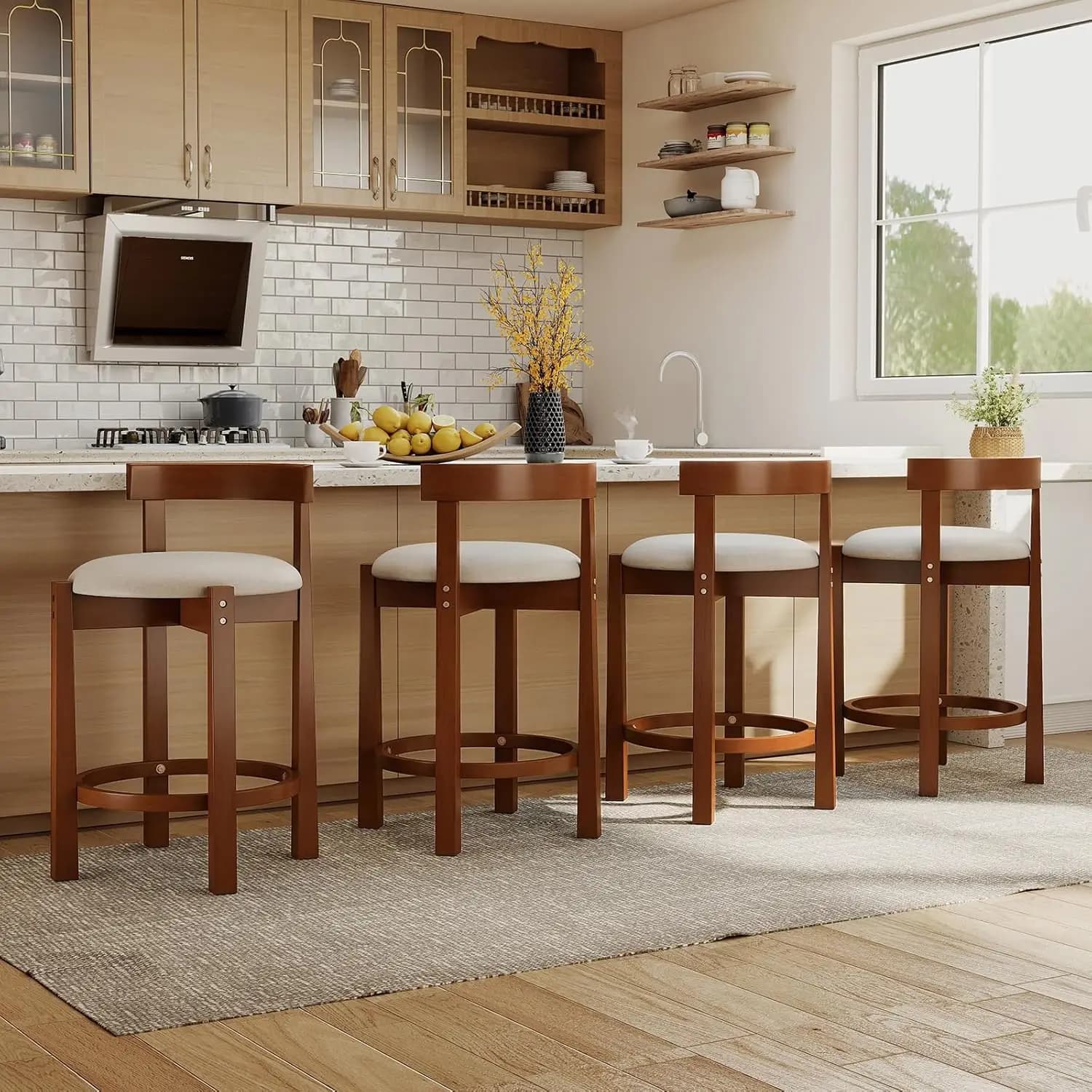 Counter Height Stools Set of 4, Upholstered Kitchen Island Chairs with Low Backs, Solid Rubber Wood Legs, Mid, Customized